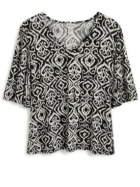 Chico’s Black & White Ikat Print Flutter Sleeve V-Neck Blouse - Size 1 (M)
